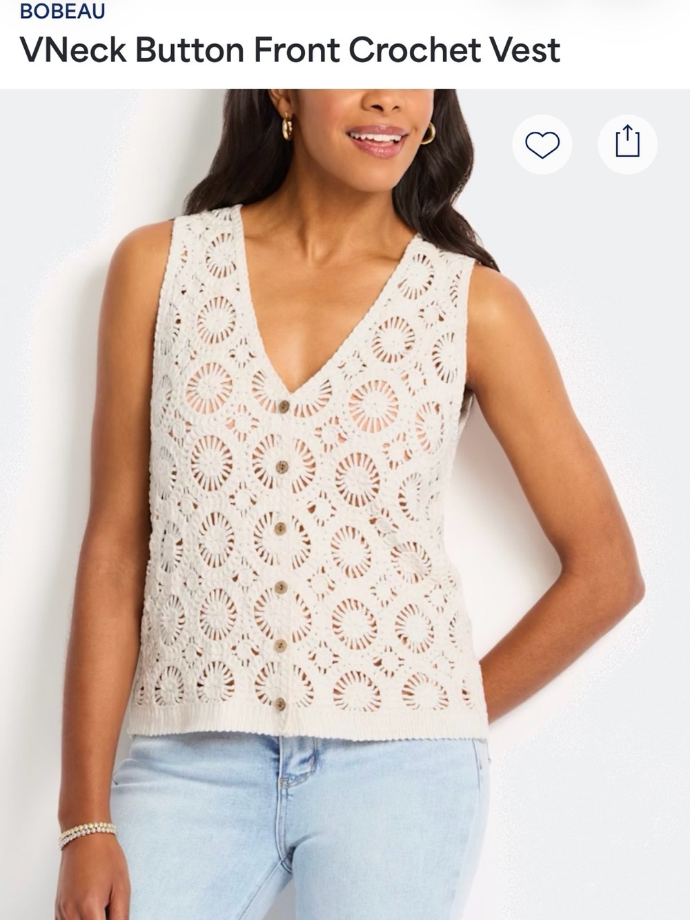 bobeau Cream V-Neck Crochet Button Front Vest